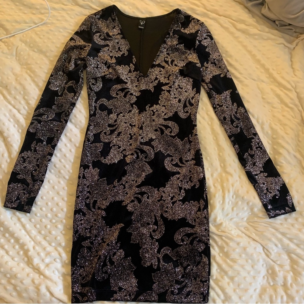 Windsor Black Velvet and Silver Glitter Body Con Dress